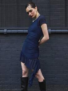 COUREZ Vestido mini con superposición de malla y volante / Conjuntos de verano para mujer Vestidos de verano lindos para mujer Ropa de calle Y2K Vintage de algodón - Azul Marino - Ver 2