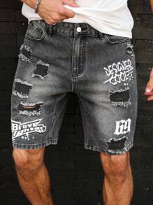 Manfinity LEGND 男士字母印花贴袋做旧休闲百搭牛仔短裤 - 深灰色 - 查看 1