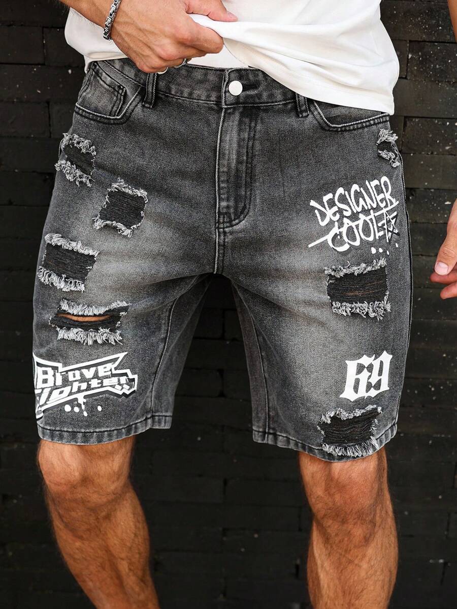 Manfinity LEGND 男士字母印花贴袋做旧休闲百搭牛仔短裤 - 深灰色 - 查看 1