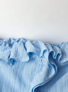 SHEIN LUNE 夏季优雅纯色荷叶边抹胸上衣，浅蓝色荷叶边上衣，度假风 - 藍色 - 查看 5