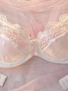 DelicateAllure 對比透視蕾絲杯有鋼圈胸罩內衣 - 白色 - 查看 3