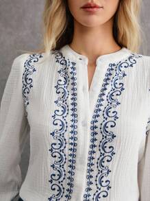Poéselle Blusa elegante con estampado floral de manga abullonada y abotonadura sencilla, blusa de manga larga con estampado vintage boho en color blanco, blusa de estilo boho para mujer, blusa de manga larga, blusa de otoño para mujer tops occidentales, blusas y camisas de mujer, blusa abotonada estilo boho