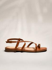 SHUZIA Women's Criss Cross Toe Strap Band Square Toe Flat Sandals - Camel - View 7