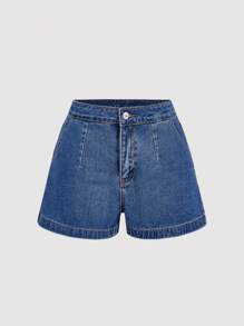 SHEIN MOD Quần short denim nữ, Dòng Angel Wing, Thiết kế Angel Wing, Phong cách thường ngày thanh lịch khi đi làm, Denim cũ, Thêu bạc, Chi tiết đính đá - Màu xanh lam - Xem 2