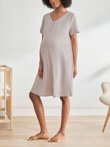 BloomMama Maternity Short Sleeve Nursing Nightgown With Button,Fashion Loungewear Sleepwear Pajama Dress Sleep Shirt - Grey - View 4