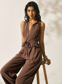 Easelle Suits Coffee Color Western Bohemian Style Tops Pants Suits Details Tie Trousers Early Autumn Outdoor Suits - Mocha Brown - View 5