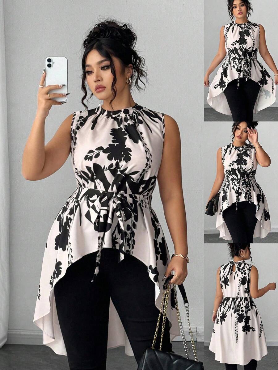 Elenzga 大码女式休闲优雅印花不对称下摆无袖衬衫