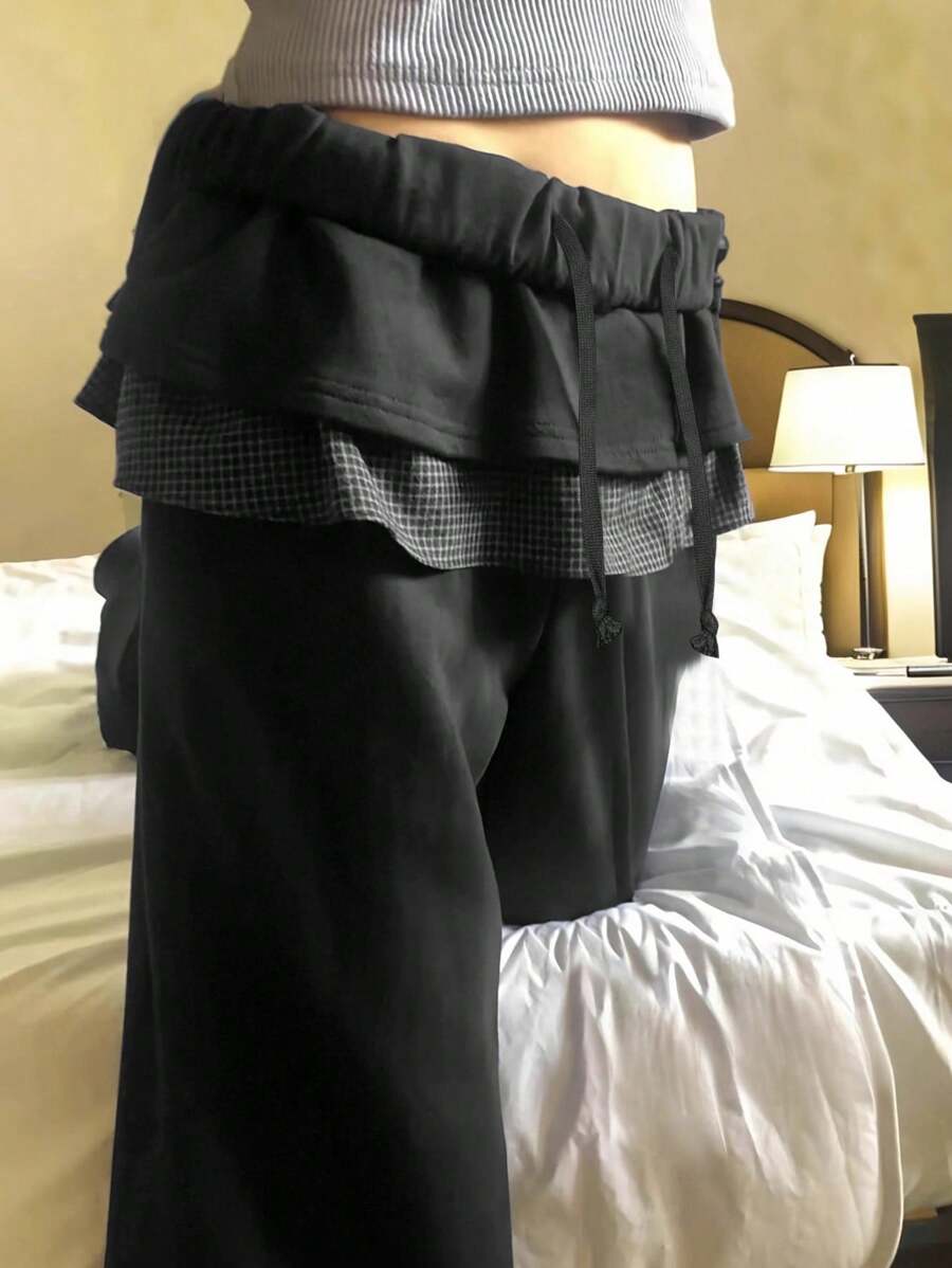 女士格子拼接抽绳腰喇叭休闲裤 - 黑色 - 查看 1