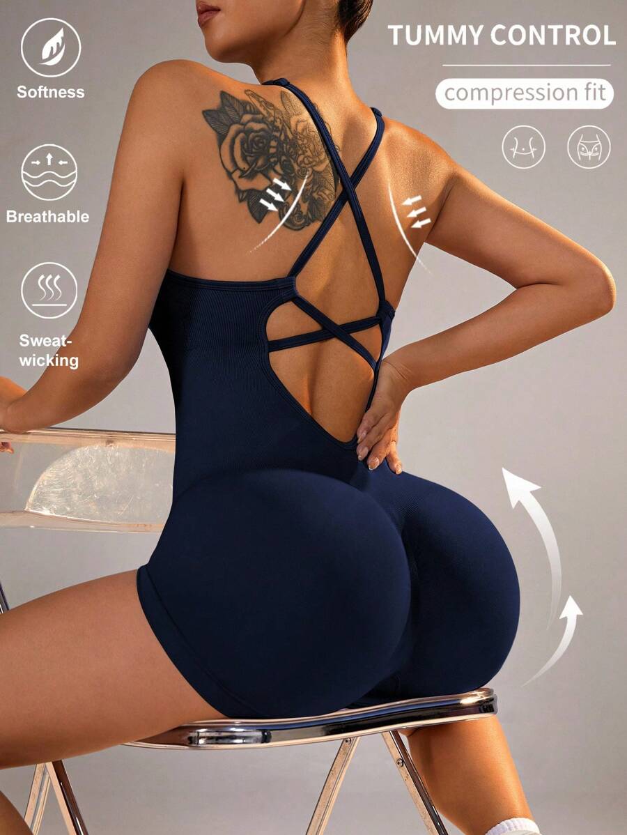 Easithlete 女士纯色交叉背带瑜伽连体衣 - 藏蓝色 - 查看 1