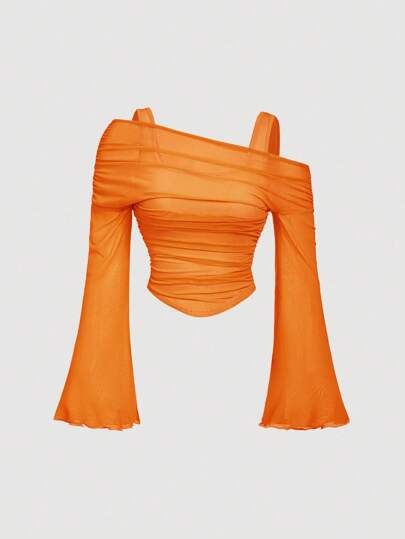 SHEIN MOD 오렌지 오프숄더 메쉬 2in1 트럼펫 슬리브 긴팔 여성 탑, 웨스턴, 빈티지, 70년대, 더 배첼러레트