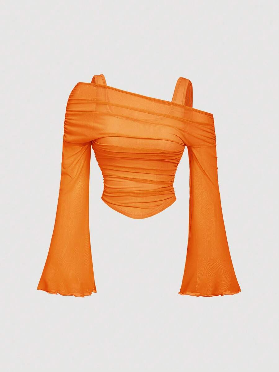 SHEIN MOD 橙色露肩网纱二合一喇叭袖长袖女式上衣，西部风，复古风，70年代风格，单身女郎 - 橘色 - 查看 1