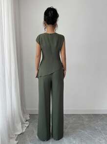 Elenzga 2 件套女士露肩上衣，金属装饰，宽松直筒裤，优雅度假装，百搭