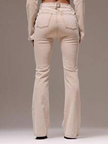 MUSERA 修身低腰喇叭水洗牛仔裤，性感波西米亚风，适合节日、假日、夏季度假，可爱优雅，时尚别致，春季必备 - 卡其色 - 查看 4