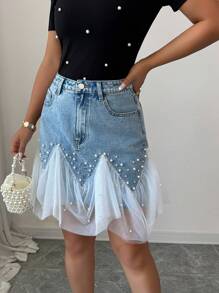 Selianne Women's Elegant Elegant Faux Pearl And Crystal Decorated Sheer Mesh Panel Godet Hem Denim Mini Skirt, Summer - Blue - View 5