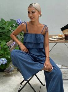 DAZY Women's Camisole Ruffle Trim Blouse & Casual Loose Fit Jeans 2 Pieces Set - Blue - View 5