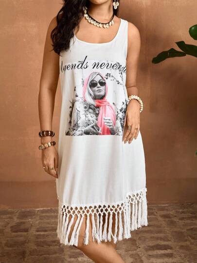 Travachic Plus Size Letter & Figure Print Tassel Hem Sleeveless Dress THE WHITE LOTUS Collaboration  Tropical Vacation Woman Clothes Beach Outfits