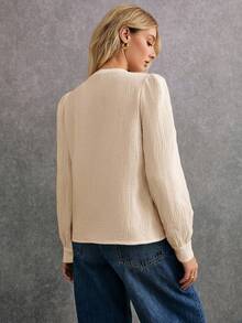 Poéselle 女士优雅花卉印花泡泡袖单排扣衬衫，波西米亚风复古印花，长袖衬衫，波西米亚风格女式衬衫，长袖衬衫 - 杏色 - 查看 6