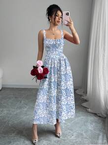 Chiquease Rafferiza 女式浪漫红色彩色花卉印花纯色情人节约会生日度假休闲连衣裙荷叶边前系带蝴蝶结可爱太阳裙演唱会服装优雅吊带后背不对称腰部修身A字下摆2025夏季新款长裙 - 藍白色 - 查看 4