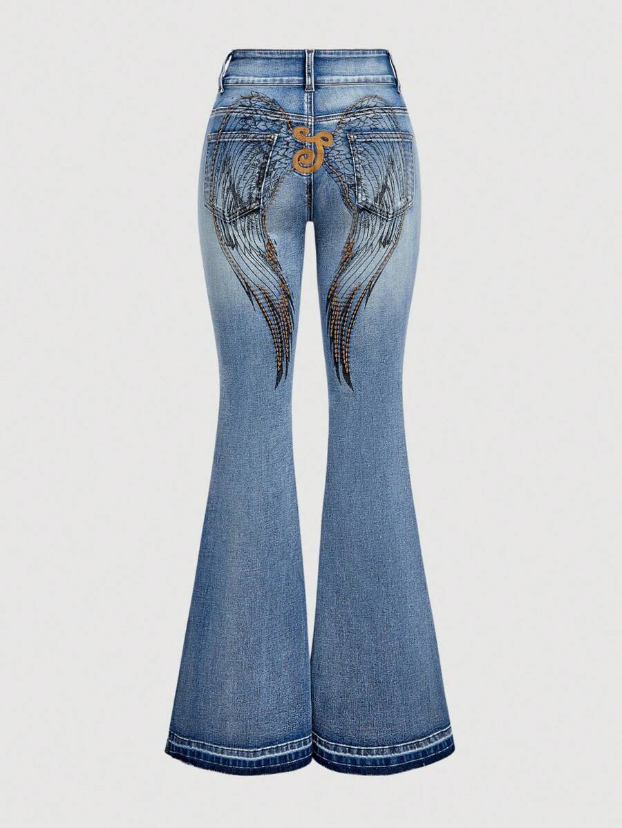 SHEIN MOD Quần Jeans Ống Loe Denim Nữ Có Thêu Hình Cánh Chim - Màu xanh lam - Xem 1