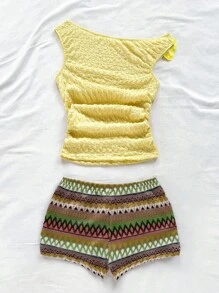 Soleia Spring Summer Casual Holiday Western Beach Wedding Guest Outfit Graduation Brunch Attire St Patrick's Day Spring Break Easter Music Festival Bohemian Tropical Elegant Floral Embellished Halter Neck Tank Top And Colorful Striped Shorts 2Pcs Set Summer Two Piece Set Summer Outfit Set For Women Summer Skirt And Top Set Beach Skirt Set Crochet Two Piece Set - Multicolor - View 2