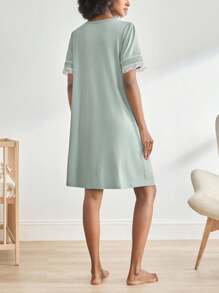 BloomMama Maternity Short Sleeve Nursing Nightgown With Lace&Button,Fashion Loungewear Sleepwear Pajama Dress Sleep Shirt - Green - View 2