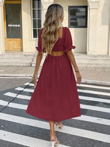 Serisse 女士纯色甜心领短款泡泡袖侧开衩下摆休闲中长连衣裙，夏季 - 酒紅色 - 查看 3