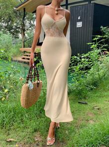 DAZY 女士夏季撞色蕾丝修身性感吊带长裙，正式女士度假邮轮礼服 - 米色 - 查看 2