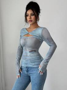 Modelyn Women's Blue Digital Print Mesh Twist Front Long Sleeve Top - Dusty Blue - View 3