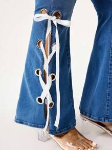 ROMWE 大码深蓝色侧孔眼抽绳蝴蝶结松紧腰紧身牛仔裤 - 藍色 - 查看 2