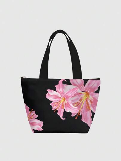 Fairycore Lily Flower Patterned Lunch Box Bag, Suitable For Office Workers And Students, Preppy Color Block Design