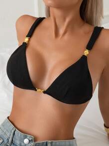 SHEIN Swim Women's New Summer Solid Texture Front Chest Strap Special Accessory Linked Triangle Bikini Top - Black - View 3