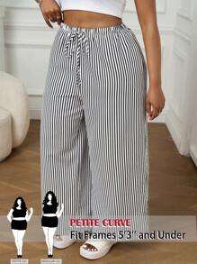 SHEIN PETITE CURVE Plus Size Striped Pants, Fashionable For Summer Vacation For People Of Shorter Stature Country Concert - Black - View 1
