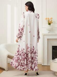 Al Najma Damen Blume Muster Stehkragen Laternenmärmmel Patchwork Volant Saum Loose Langes Kleid