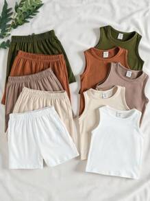 SHEIN Vintaside Kids 10件套男女宝宝夏季套装，黑色、白色、灰色、蓝色、灰绿色圆领上衣搭配宽松短裤，简约风格，适合户外玩耍和日常休闲穿着，幼儿宝宝适用。 - 彩色 - 查看 6