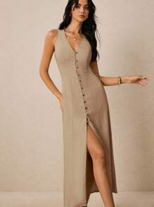 Poéselle Đầm không tay cổ chữ V màu trơn cho nữ, thanh lịch mùa hè - Màu Khaki - Xem 4