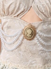 ROMWE EDITION Top de mujer con tejido jacquard vintage con decoración de perlas