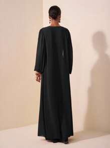 Zivah 2 件套女士纯色长袖前开长外套和阔腿裤休闲套装 - 黑色 - 查看 2