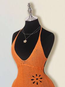 SHEIN ICON 夏季性感纯色镂空露背吊带针织连衣裙 - 橘色 - 查看 5