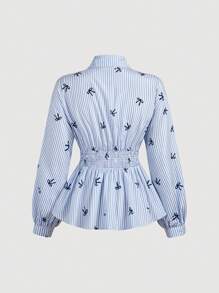 SHEIN MOD Women Striped Turndown Collar Ruffle Long Sleeve Elegant Blouse - Multicolor - View 2