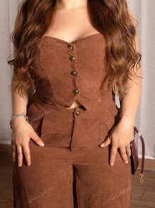 Lupita Cardoza Conjunto De Dos Piezas De Camisola De Corduroy Con Botones Y Pantalones Anchos De Pierna Para Mujer