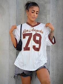 SAYEHFBABY Women Casual Contrasting Stripe Letter And Number Print T-Shirt Graphic Tees Women Tops - Multicolor - View 6