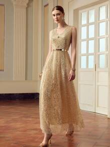 ZEYLAH Sparkly Mesh V-Neck Sleeveless Slim Waist Dress, Party Gown For Women - Apricot - View 5