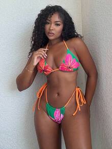 Alexandranx Summer Beach Floral Print Halter Triangle Bikini Set - Multicolor - View 6