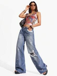 Jeanoix Women's Low Waist Pockets Distressed Loose Casual Wide Leg Jeans Y2k