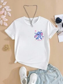 Camiseta de Manga Curta com Estampa Cartoon Casual para Meninas Pré-Adolescentes, Verão