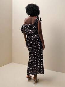 Zolique Damen Sommer Mode Polka Dot Muster asymmetrischer Ausschnitt Spaltkleid - Schwarz und Weiss - Übersicht 2
