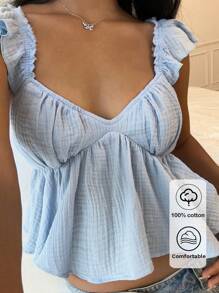 CovetEZ 女士蓝色纹理面料盖袖休闲短款衬衫，夏季上衣