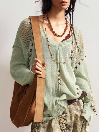 Bohemela Vintage Hollow-Out Embroidered Drop Shoulder Loose Knit Sweater, Western Vintage Country Style Vacation For Summer/Autumn Green Sweater Knit Top Sweater Top Knitted Sweater Summer Sweater Fall Tops