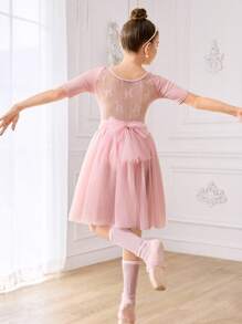 SHEIN Tween Girls Knitwear Tie-Front Ballet Leotard,Lightweight Mesh Tulle Skirt,Low-Saturation Performance Uniform,Dusty Pink,Summer,Elegant,Dancewear,Yoga - Pink - View 1