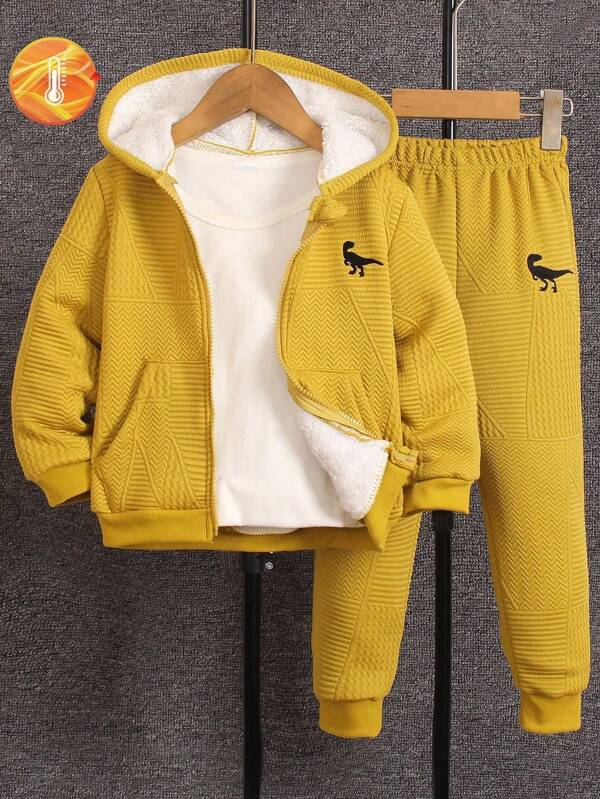SHEIN 2 peças/conjunto meninos fofos estampa de desenho animado jaqueta com capuz zíper e calças de corrida com forro térmico roupa casual de skate de rua, quente para outono inverno